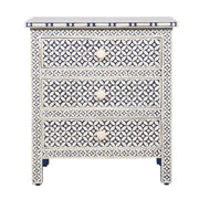 Bone Inlay Large Bedside Table 3 Drawer - Navy Blue Geometric