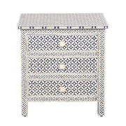 Bone Inlay Large Bedside Table 3 Drawer - Navy Blue Geometric