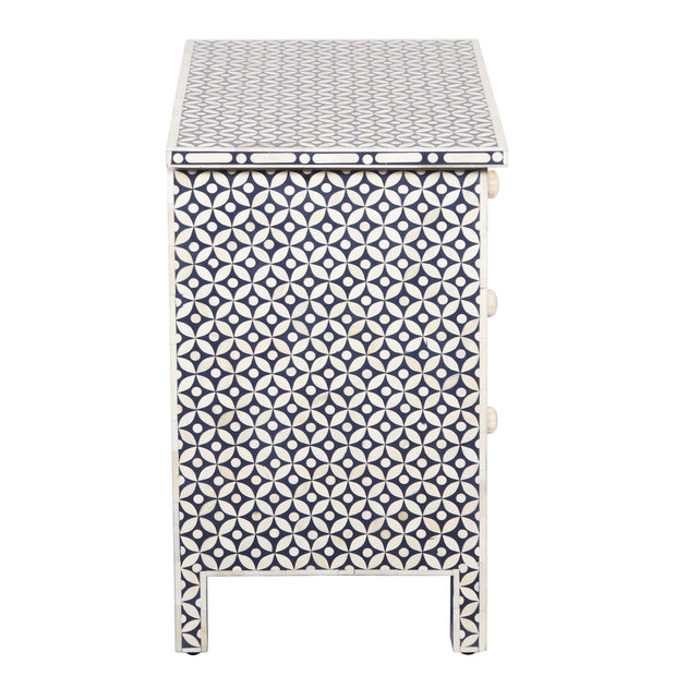 Bone Inlay Large Bedside Table 3 Drawer - Navy Blue Geometric