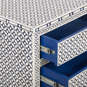 Bone Inlay Large Bedside Table 3 Drawer - Navy Blue Geometric