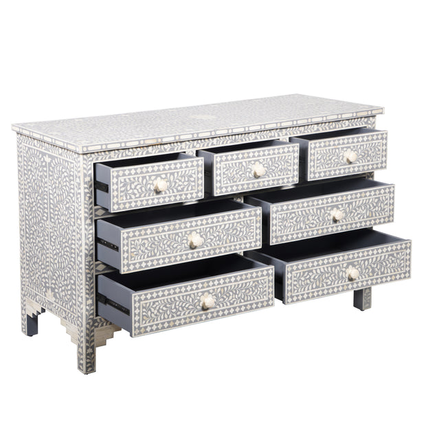 Bone Inlay 7 Drawer Chest of Drawers - Grey Floral