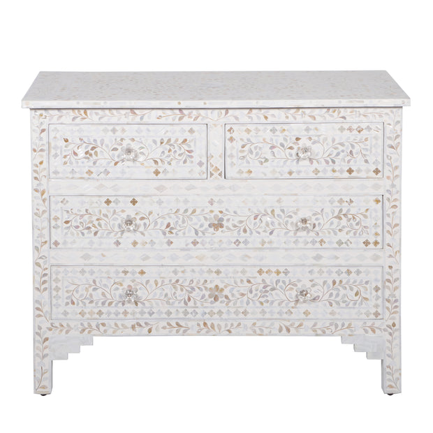 Mother of Pearl Inlay 4 Drawer Chest of Drawers - White Floral