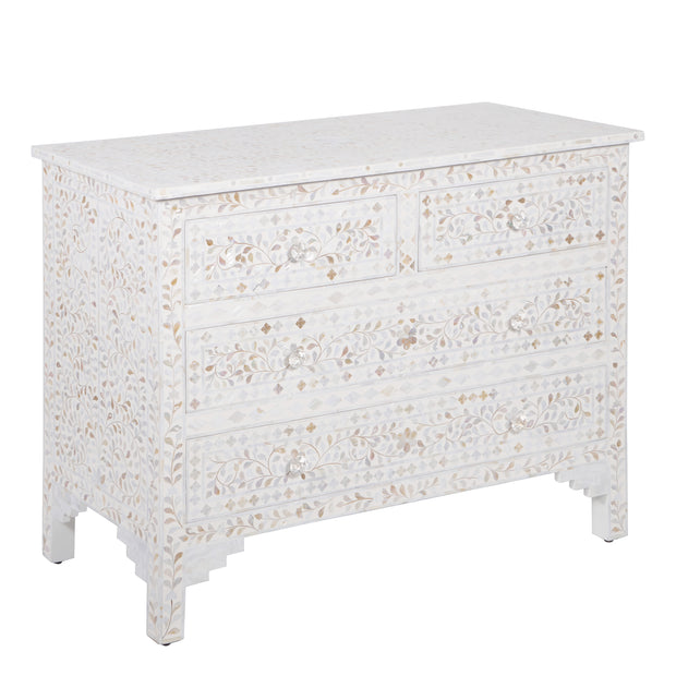 Mother of Pearl Inlay 4 Drawer Chest of Drawers - White Floral