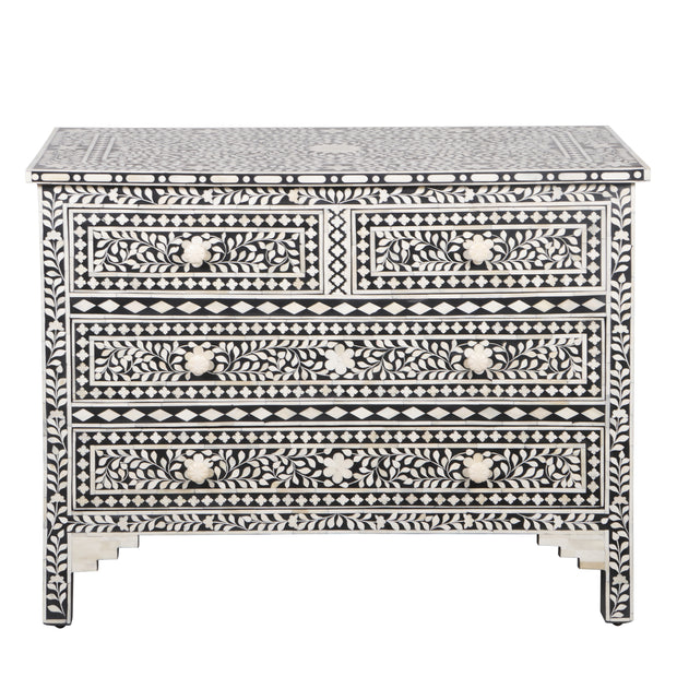 Bone Inlay 4 Drawer Chest of Drawers - Black Floral