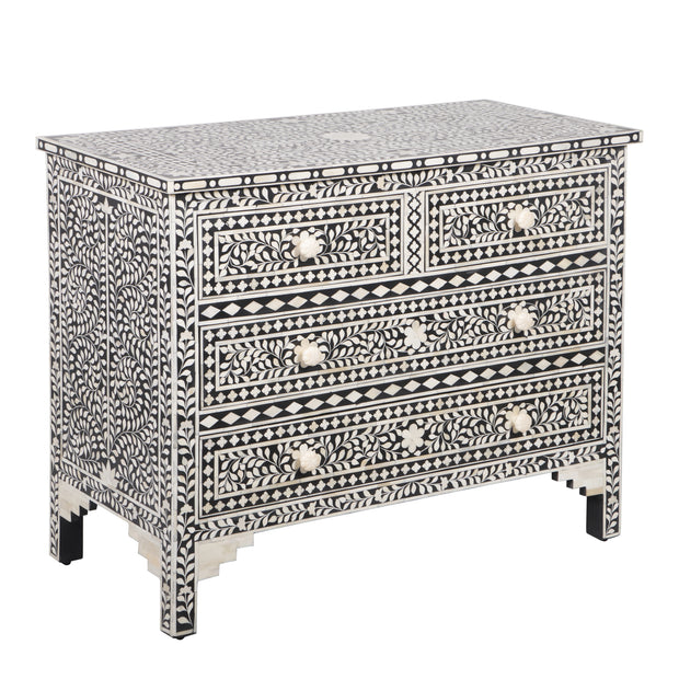 Bone Inlay 4 Drawer Chest of Drawers - Black Floral