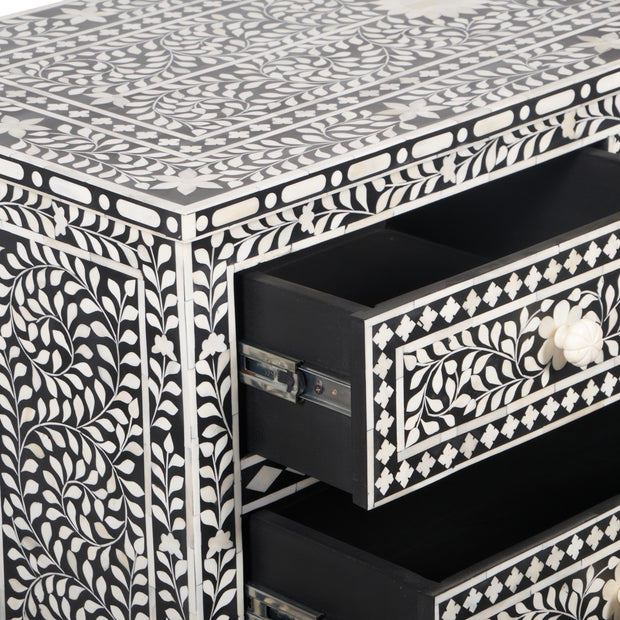 Bone Inlay 4 Drawer Chest of Drawers - Black Floral