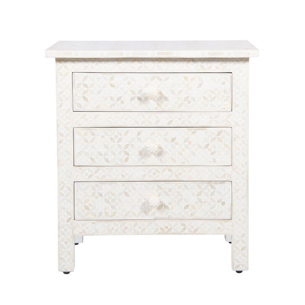 Bone Inlay Large 3 Drawer Bedside - White Geometric