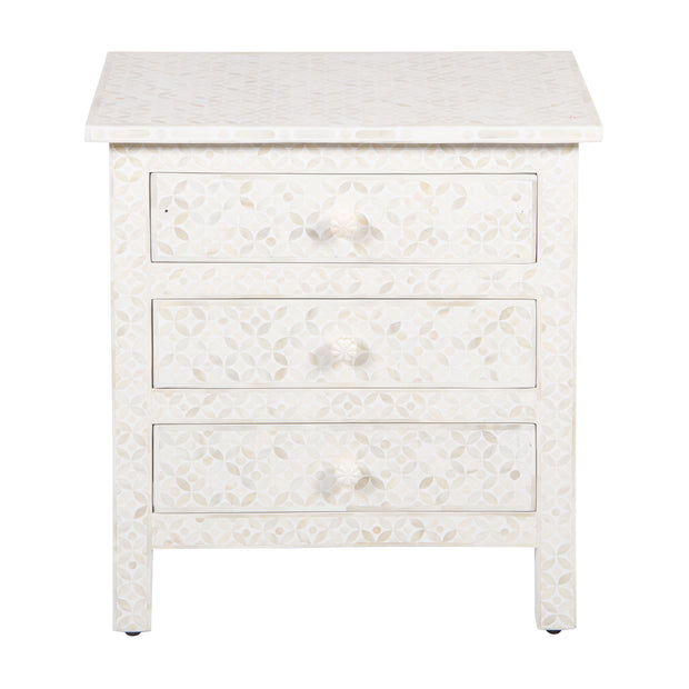 Bone Inlay Large 3 Drawer Bedside - White Geometric