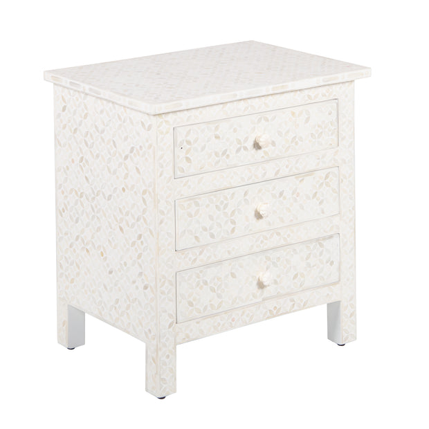 Bone Inlay Large 3 Drawer Bedside - White Geometric