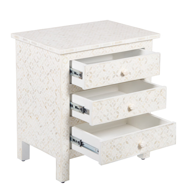 Bone Inlay Large 3 Drawer Bedside - White Geometric