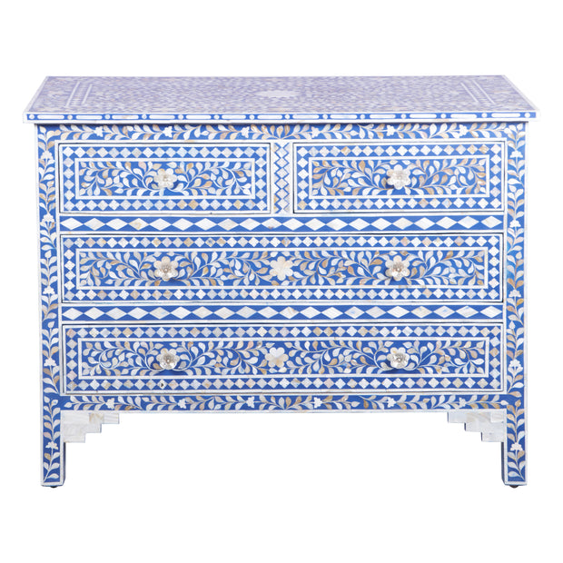 Mother of Pearl Inlay 4 Drawer Chest of Drawers - Blue Floral