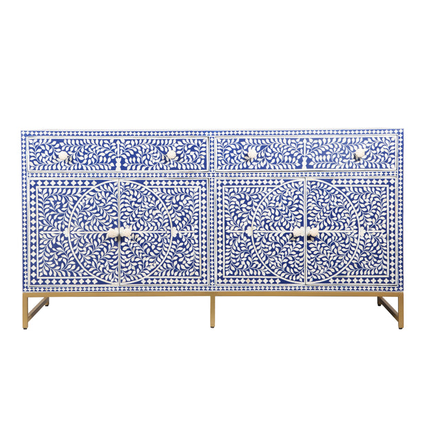 Bone Inlay Buffet Chest of Drawers - Indigo Blue Floral Scroll