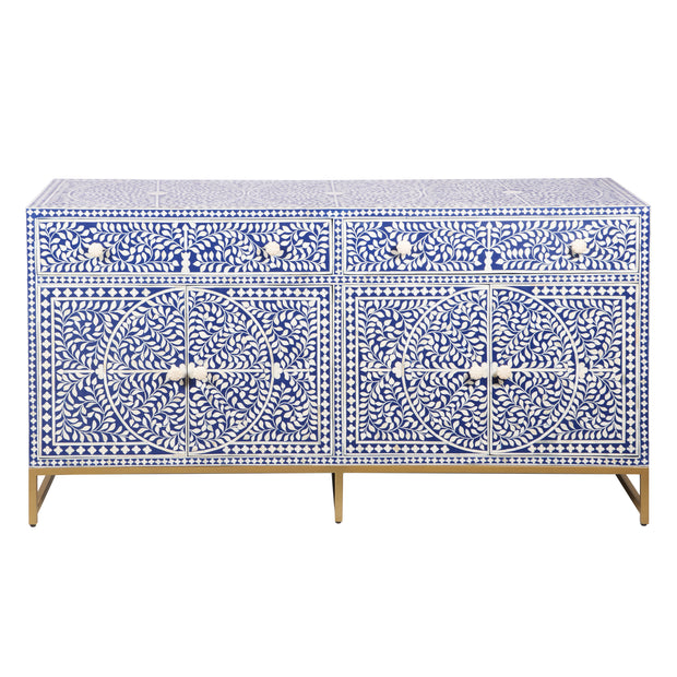 Bone Inlay Buffet Chest of Drawers - Indigo Blue Floral Scroll