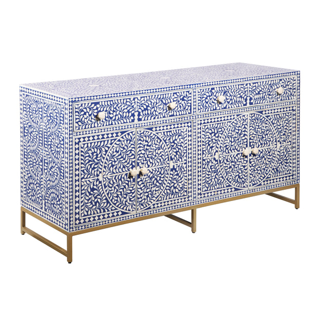 Bone Inlay Buffet Chest of Drawers - Indigo Blue Floral Scroll