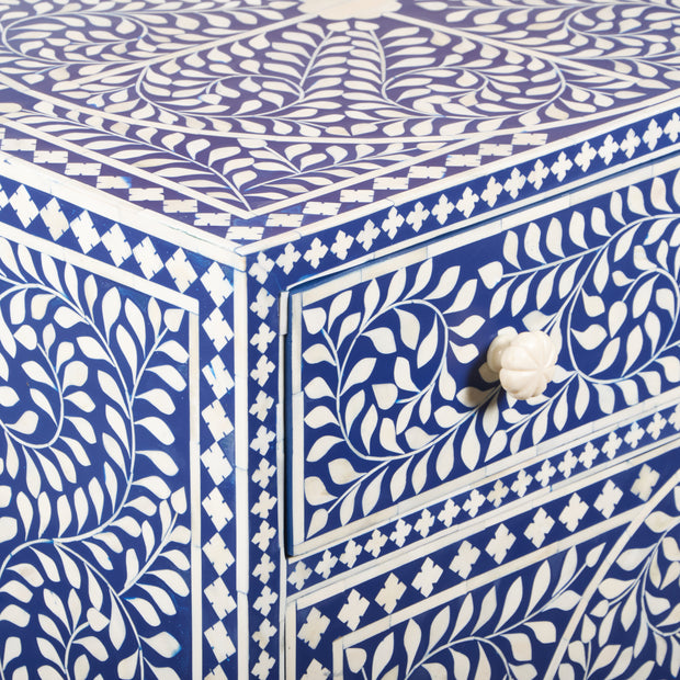 Bone Inlay Buffet Chest of Drawers - Indigo Blue Floral Scroll