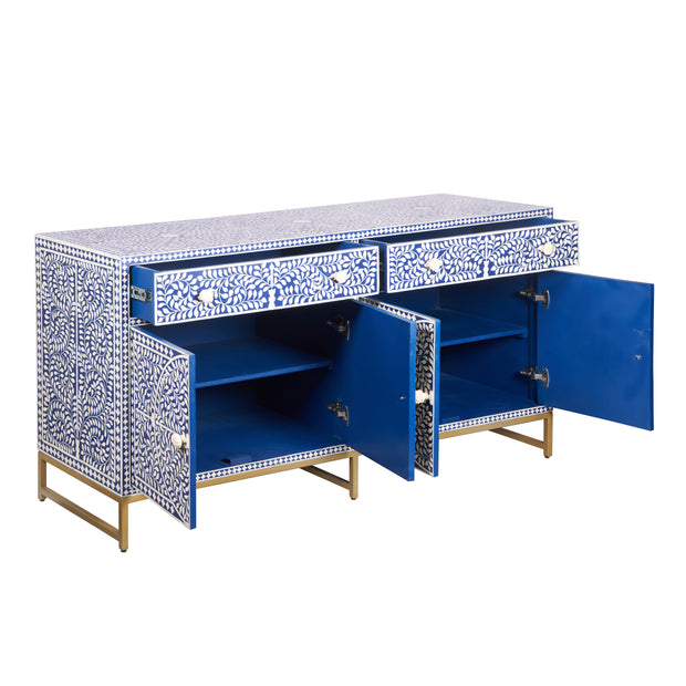 Bone Inlay Buffet Chest of Drawers - Indigo Blue Floral Scroll