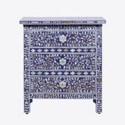 Mother of Pearl Inlay Large 3 Drawer Bedside - Indigo Blue Floral