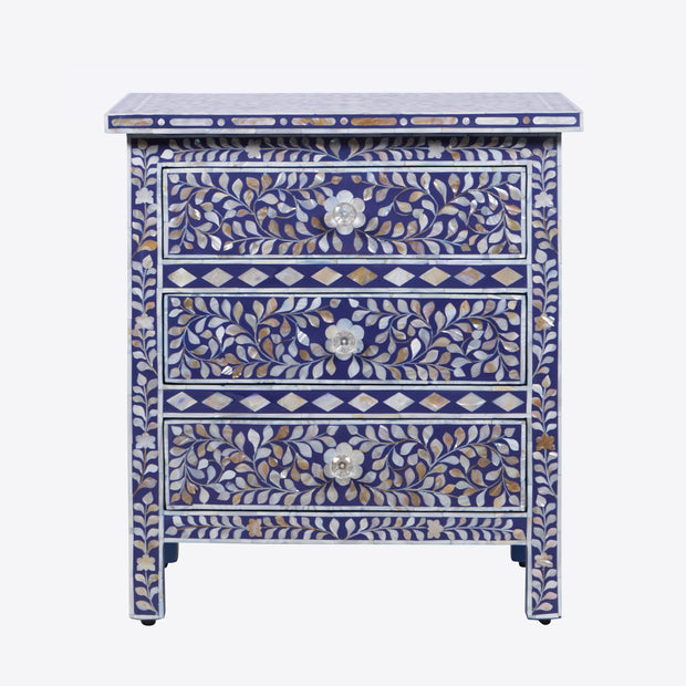 Mother of Pearl Inlay Large 3 Drawer Bedside - Indigo Blue Floral