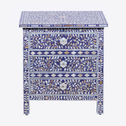 Mother of Pearl Inlay Large 3 Drawer Bedside - Indigo Blue Floral