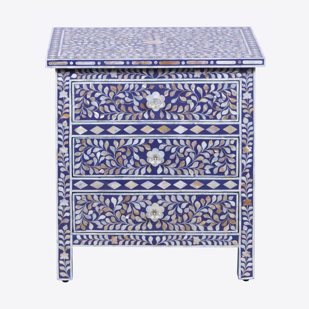 Mother of Pearl Inlay Large 3 Drawer Bedside - Indigo Blue Floral