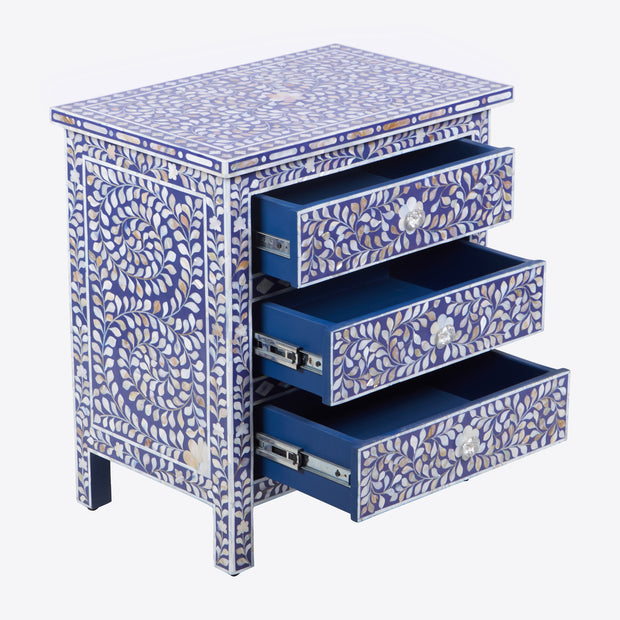 Mother of Pearl Inlay Large 3 Drawer Bedside - Indigo Blue Floral