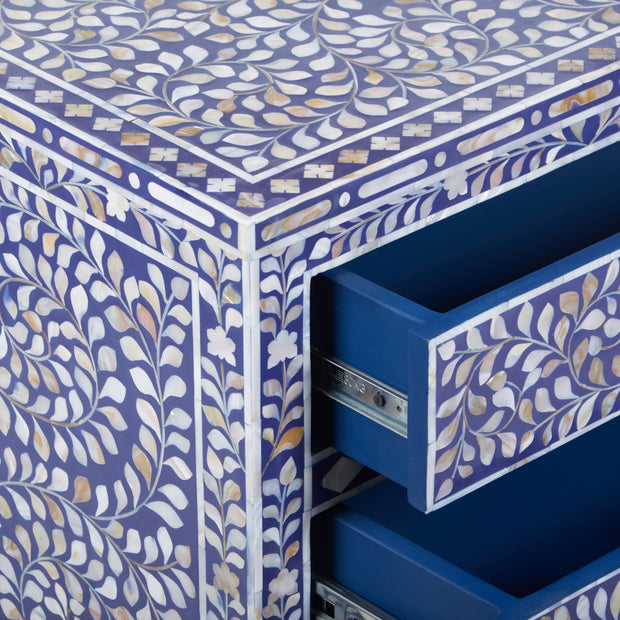 Mother of Pearl Inlay Large 3 Drawer Bedside - Indigo Blue Floral