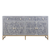 Bone Inlay Buffet Chest of Drawers - Navy Blue Floral Scroll