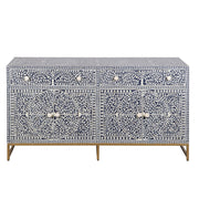 Bone Inlay Buffet Chest of Drawers - Navy Blue Floral Scroll