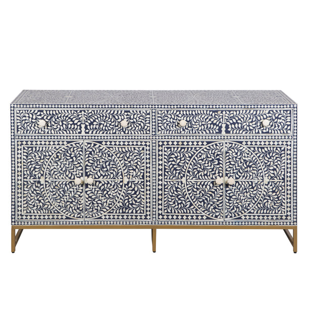 Bone Inlay Buffet Chest of Drawers - Navy Blue Floral Scroll