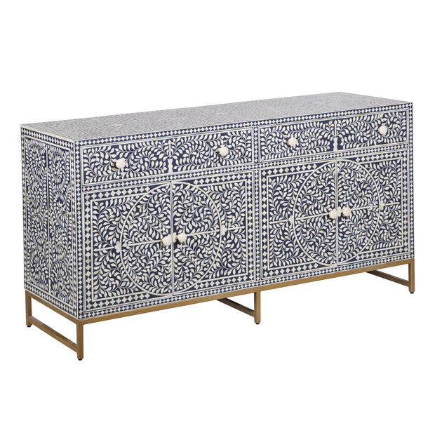 Bone Inlay Buffet Chest of Drawers - Navy Blue Floral Scroll