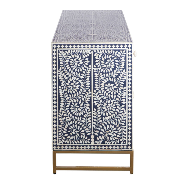 Bone Inlay Buffet Chest of Drawers - Navy Blue Floral Scroll