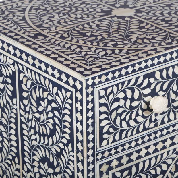 Bone Inlay Buffet Chest of Drawers - Navy Blue Floral Scroll