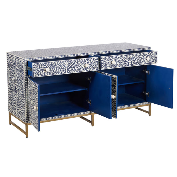 Bone Inlay Buffet Chest of Drawers - Navy Blue Floral Scroll