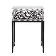 Bone Inlay 1 Drawer Bedside Table with Black Frame - Black Floral