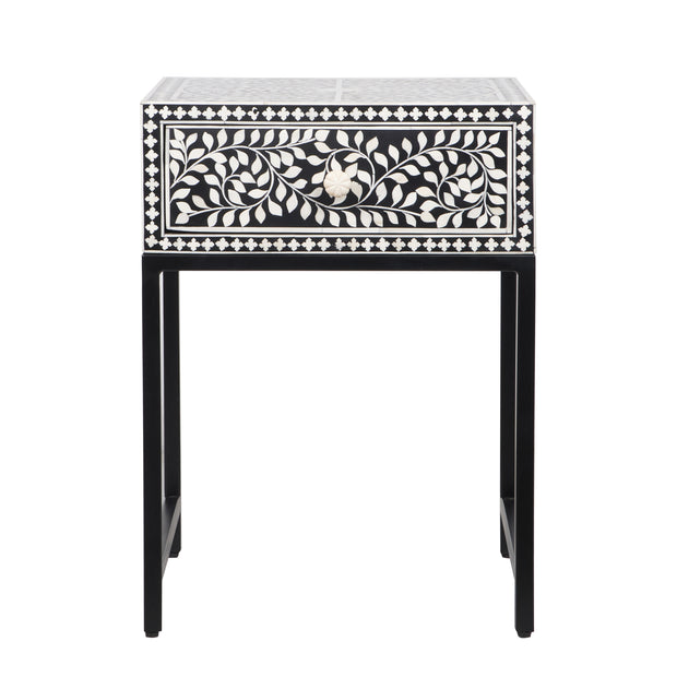 Bone Inlay 1 Drawer Bedside Table with Black Frame - Black Floral