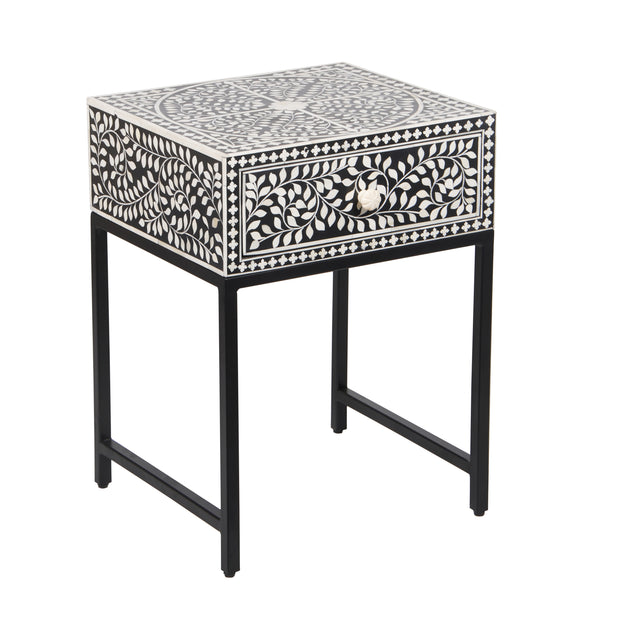 Bone Inlay 1 Drawer Bedside Table with Black Frame - Black Floral