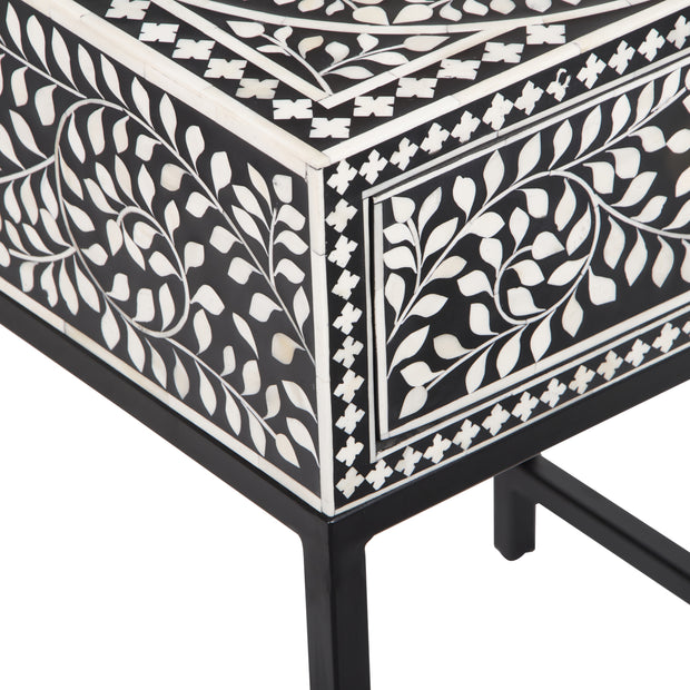 Bone Inlay 1 Drawer Bedside Table with Black Frame - Black Floral