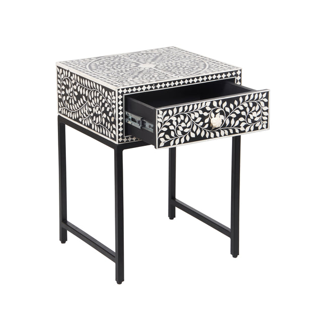 Bone Inlay 1 Drawer Bedside Table with Black Frame - Black Floral