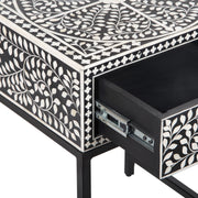 Bone Inlay 1 Drawer Bedside Table with Black Frame - Black Floral