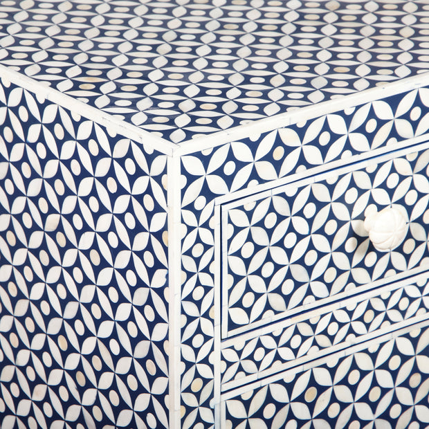 Bone Inlay Chest / Buffet 4 Drawer with 4 Doors - Indigo Blue Geometric