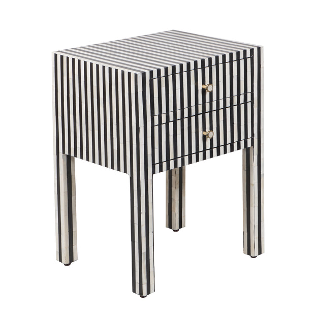 Bone Inlay Bedside Table with 2 Drawers - Black Stripe