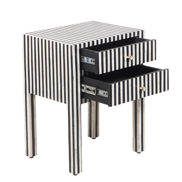 Bone Inlay Bedside Table with 2 Drawers - Black Stripe