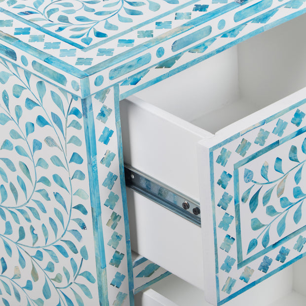 Bone Inlay Bedside Table with 2 Drawers - Turquoise Floral