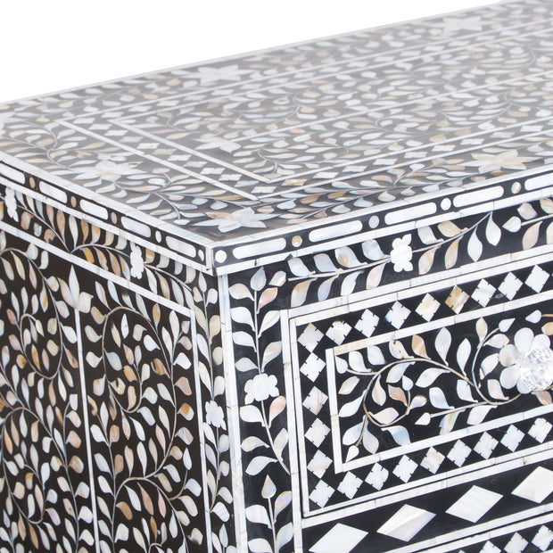 Mother of Pearl Inlay 7 Drawer Chest of Drawers - Black Floral