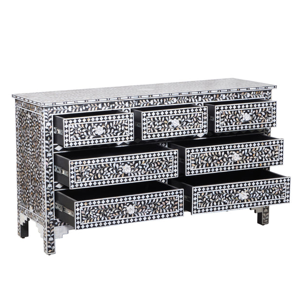 Mother of Pearl Inlay 7 Drawer Chest of Drawers - Black Floral