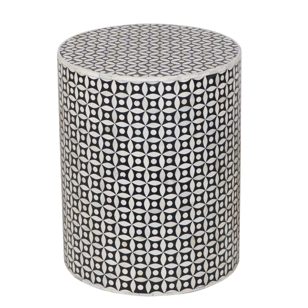 Bone Inlay Drum Side Table - Black Geometric