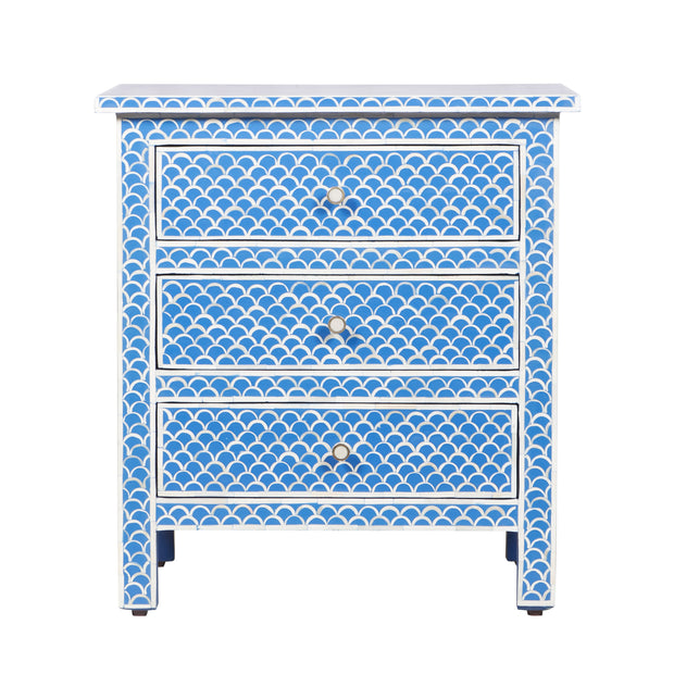 Bone Inlay Large 3 Drawer Bedside Table - Blue Fishscale