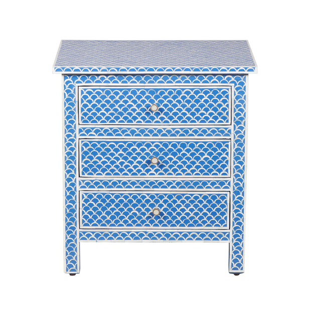 Bone Inlay Large 3 Drawer Bedside Table - Blue Fishscale