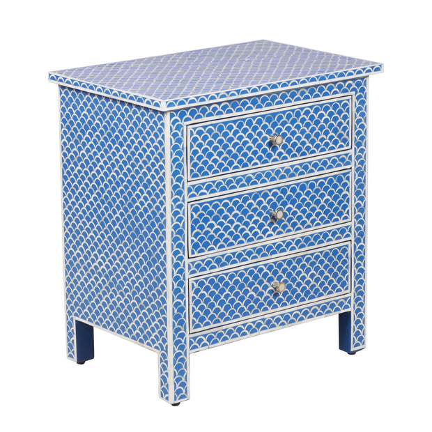 Bone Inlay Large 3 Drawer Bedside Table - Blue Fishscale