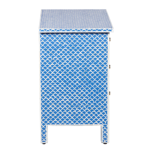 Bone Inlay Large 3 Drawer Bedside Table - Blue Fishscale